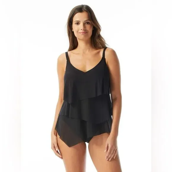 NWT Coco Reef | Black Flourish Bra Sized Tier Mesh Underwire Tankini Top 32C - Picture 1 of 5